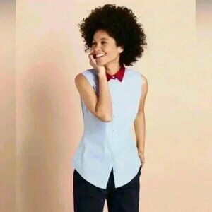 Brooks Brothers Red Fleece Sleeveless Anchor Print Blue Shirt | 8 | 100% Cotton